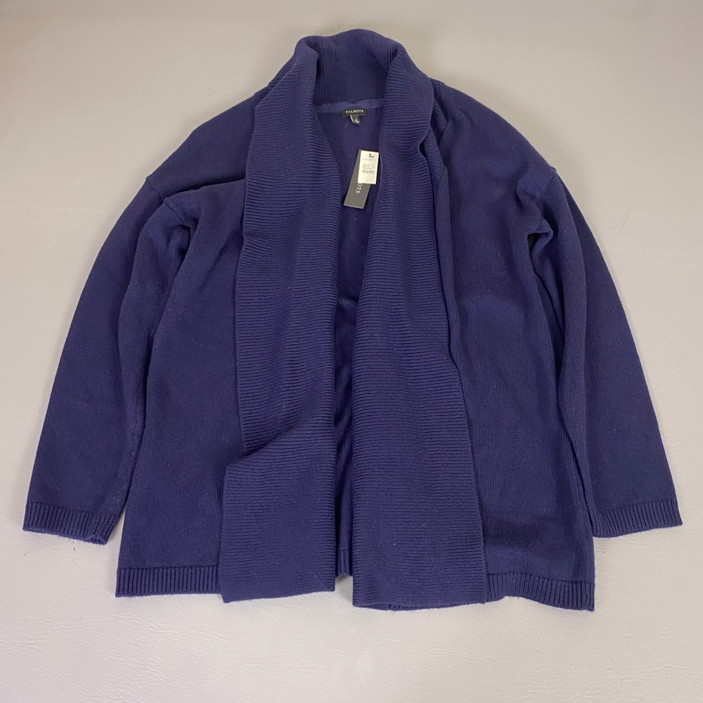 Talbots Cardigan Womens Large Purple Lambswool Blend Open Front Shawl Collar NEW